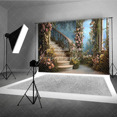 Aperturee - Aperturee Elegant Enchanted Garden Curved Staircase Floral Photography Backdrop Romantic Wedding and Portrait Scene