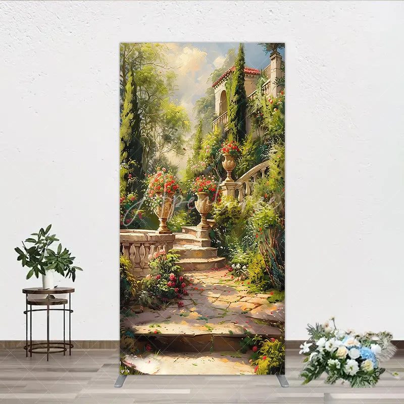 Aperturee - Aperturee Elegant European Garden Rectangle Arch Backdrop with Stone Staircase Blooming Flowers and Classical Architecture