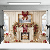 Aperturee - Aperturee Elegant Fireplace Holiday Backdrop with Red and Gold Bows Winter Wonderland Scene and Rocking Horses