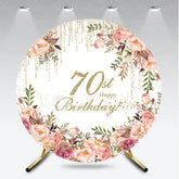 Aperturee - Aperturee Elegant Floral 70th Happy Birthday Round Backdrop Gold Glitter and Pink Rose Party Decor