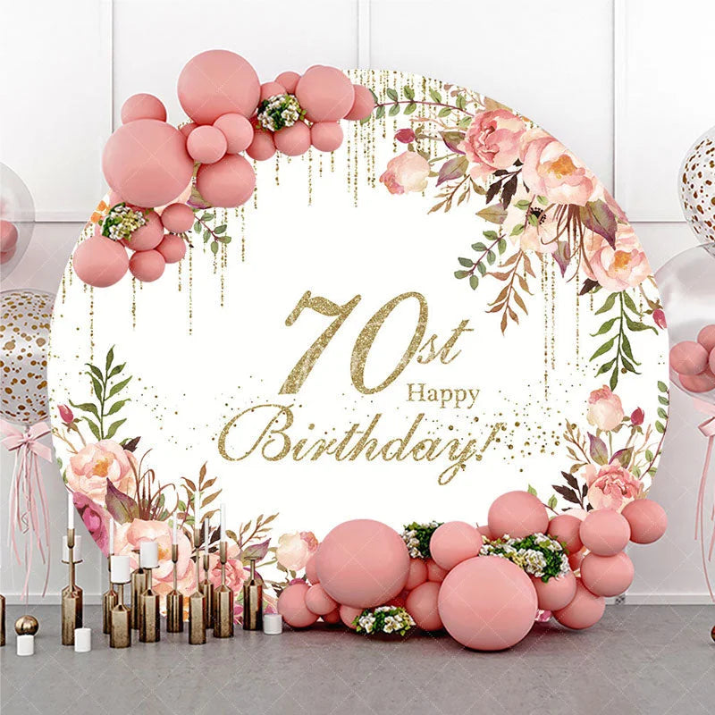 Aperturee - Aperturee Elegant Floral 70th Happy Birthday Round Backdrop Gold Glitter and Pink Rose Party Decor