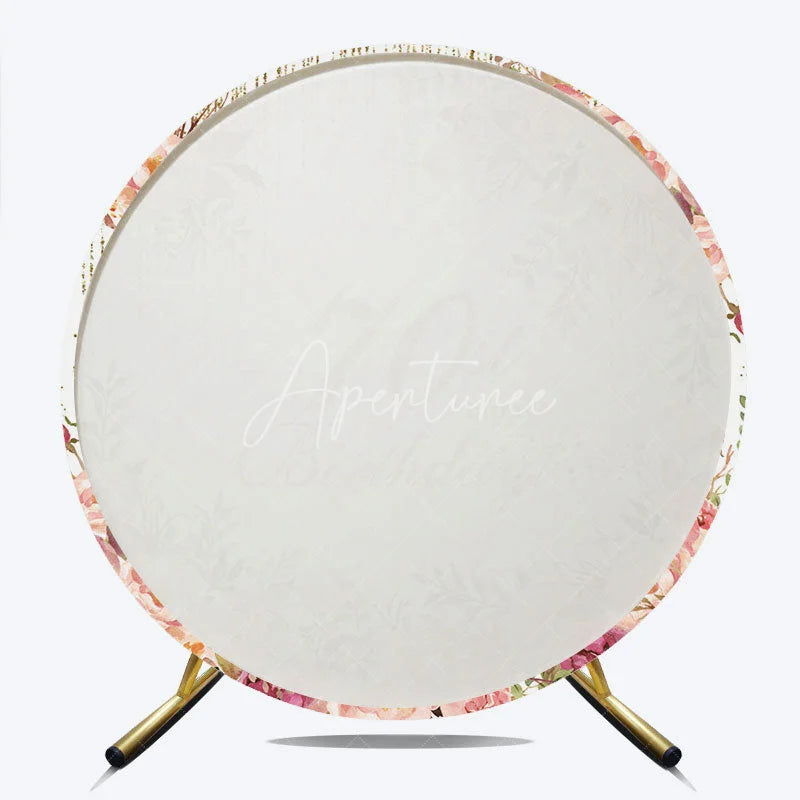 Aperturee - Aperturee Elegant Floral 70th Happy Birthday Round Backdrop Gold Glitter and Pink Rose Party Decor