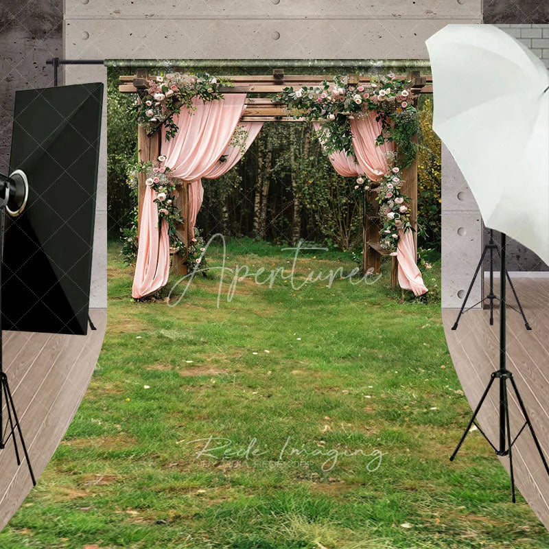 Aperturee - Aperturee Elegant Floral Arch Backdrop Pink Draped Curtains and Garden Gazebo Romantic Wedding Ceremony Scene