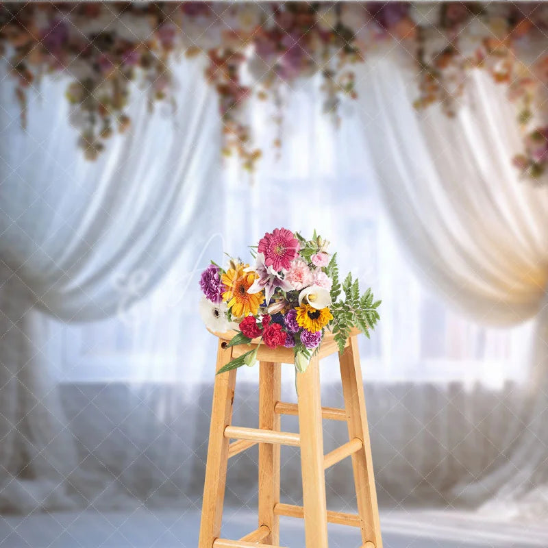 Aperturee - Aperturee Elegant Floral Arch Window Photography Backdrop Romantic Sheer Curtain and White Brick Wall Decor for Portraits