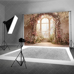 Aperturee - Aperturee Elegant Floral Arch with Window Photography Backdrop Romantic Garden Party Decor