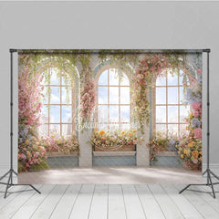 Aperturee - Aperturee Elegant Floral Arched Window Photography Backdrop with City View Romantic Garden Party Decor for Spring and Summer