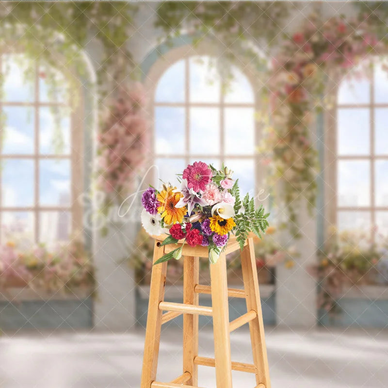 Aperturee - Aperturee Elegant Floral Arched Window Photography Backdrop with City View Romantic Garden Party Decor for Spring and Summer