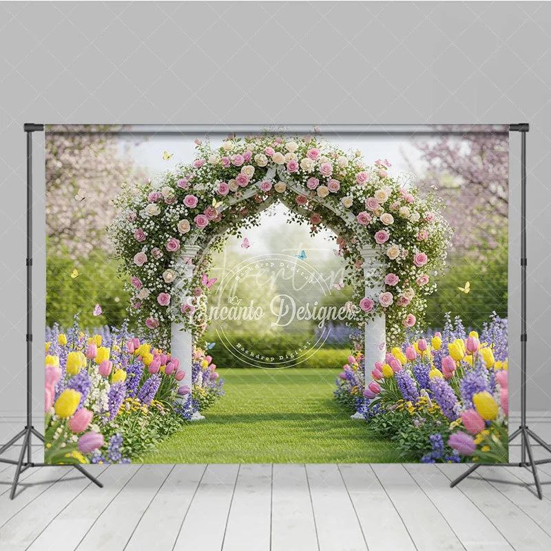 Aperturee - Aperturee Elegant Floral Archway Photography Backdrop with Pink Roses Colorful Tulips and Garden Path
