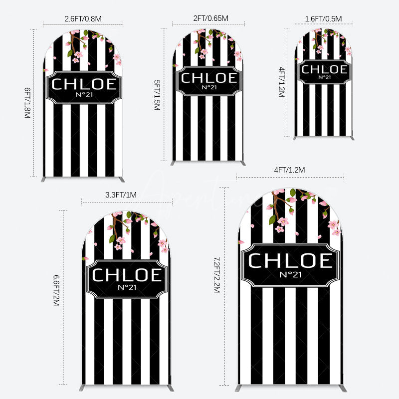 Aperturee - Aperturee Elegant Floral Black White Stripe Arch Backdrop