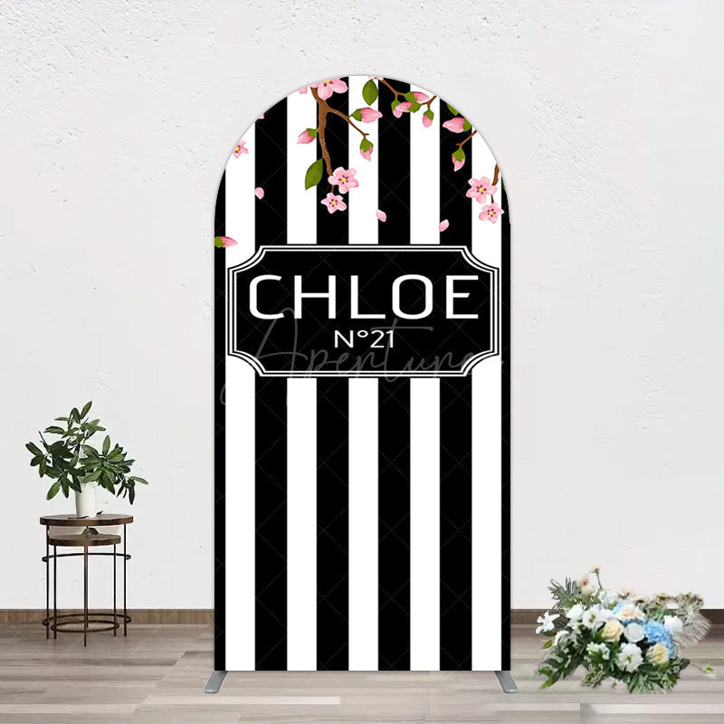 Aperturee - Aperturee Elegant Floral Black White Stripe Arch Backdrop