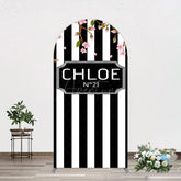 Aperturee - Aperturee Elegant Floral Black White Stripe Arch Backdrop