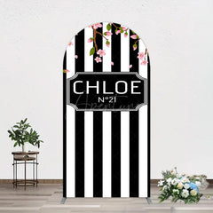 Aperturee - Aperturee Elegant Floral Black White Stripe Arch Backdrop