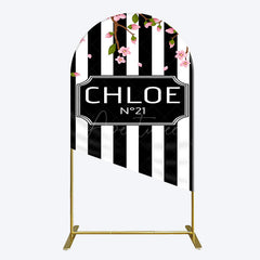 Aperturee - Aperturee Elegant Floral Black White Stripe Arch Backdrop
