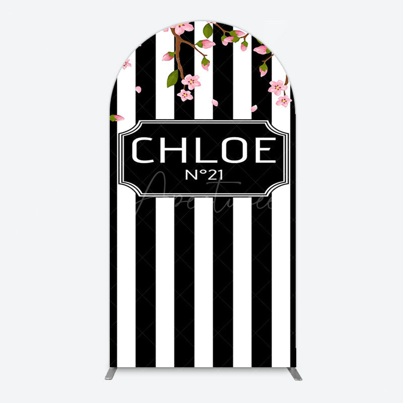 Aperturee - Aperturee Elegant Floral Black White Stripe Arch Backdrop