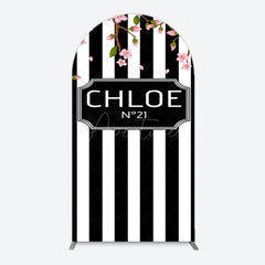 Aperturee - Aperturee Elegant Floral Black White Stripe Arch Backdrop