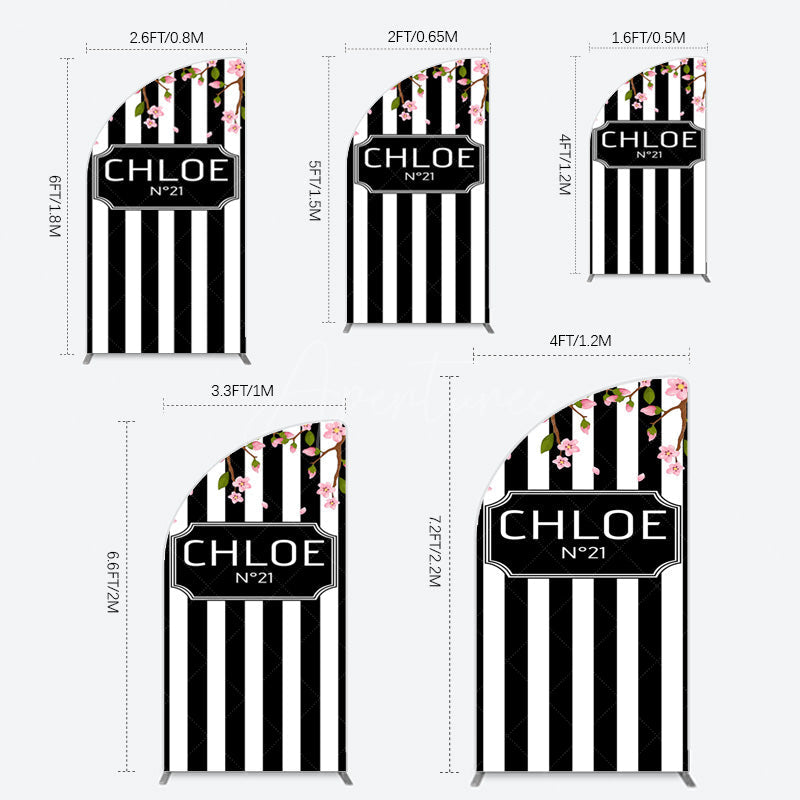 Aperturee - Aperturee Elegant Floral Black White Stripe Half Moon Arch Backdrop