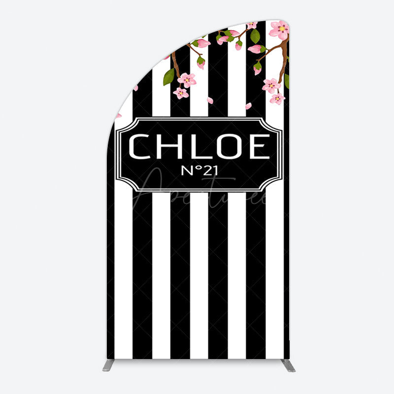 Aperturee - Aperturee Elegant Floral Black White Stripe Half Moon Arch Backdrop