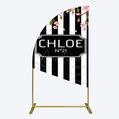 Aperturee - Aperturee Elegant Floral Black White Stripe Half Moon Arch Backdrop