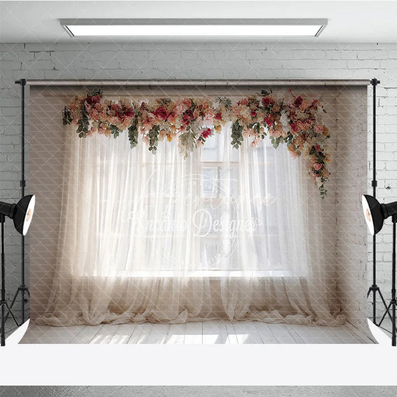 Aperturee - Aperturee Elegant Floral Garland Sheer Curtain Window Photography Backdrop White Brick Wall Wooden Floor for Romantic Portraits