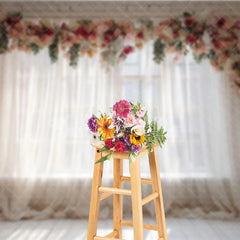 Aperturee - Aperturee Elegant Floral Garland Sheer Curtain Window Photography Backdrop White Brick Wall Wooden Floor for Romantic Portraits