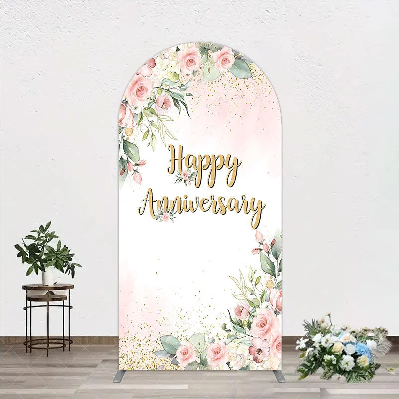 Aperturee - Aperturee Elegant Floral Happy Anniversary Arch Backdrop Romantic Pink Rose Party Decor