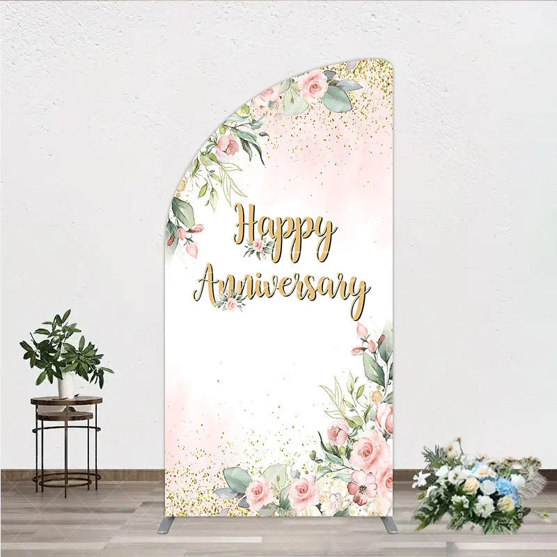 Aperturee - Aperturee Elegant Floral Happy Anniversary Half Moon Arch Backdrop Romantic Pink Rose Party Decor