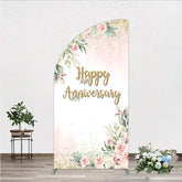 Aperturee - Aperturee Elegant Floral Happy Anniversary Half Moon Arch Backdrop Romantic Pink Rose Party Decor