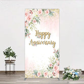 Aperturee - Aperturee Elegant Floral Happy Anniversary Rectangle Backdrop Romantic Pink Rose Party Decor