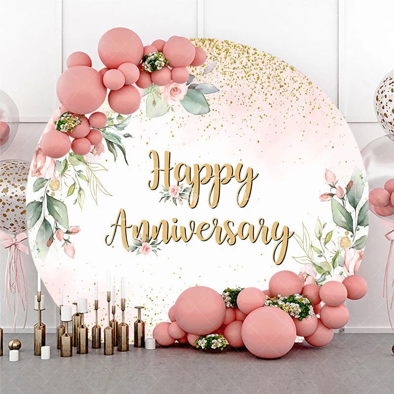 Aperturee - Aperturee Elegant Floral Happy Anniversary Round Backdrop Romantic Pink Rose and Gold Glitter Party Decor
