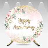 Aperturee - Aperturee Elegant Floral Happy Anniversary Round Backdrop Romantic Pink Rose and Gold Glitter Party Decor