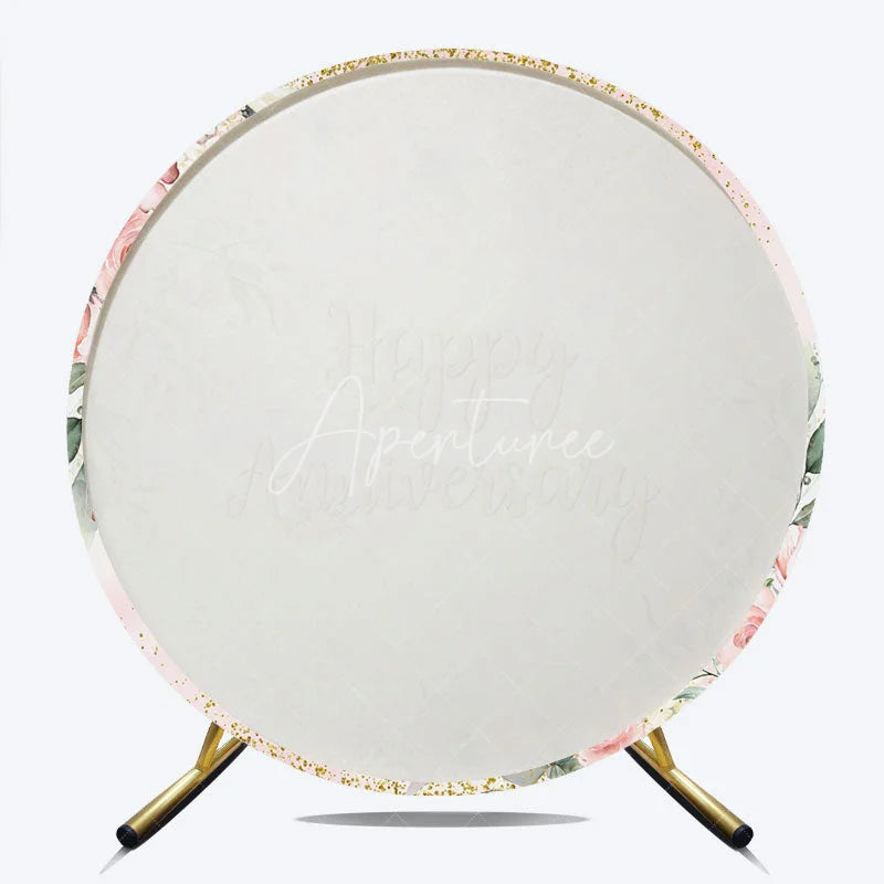 Aperturee - Aperturee Elegant Floral Happy Anniversary Round Backdrop Romantic Pink Rose and Gold Glitter Party Decor