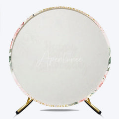 Aperturee - Aperturee Elegant Floral Happy Anniversary Round Backdrop Romantic Pink Rose and Gold Glitter Party Decor