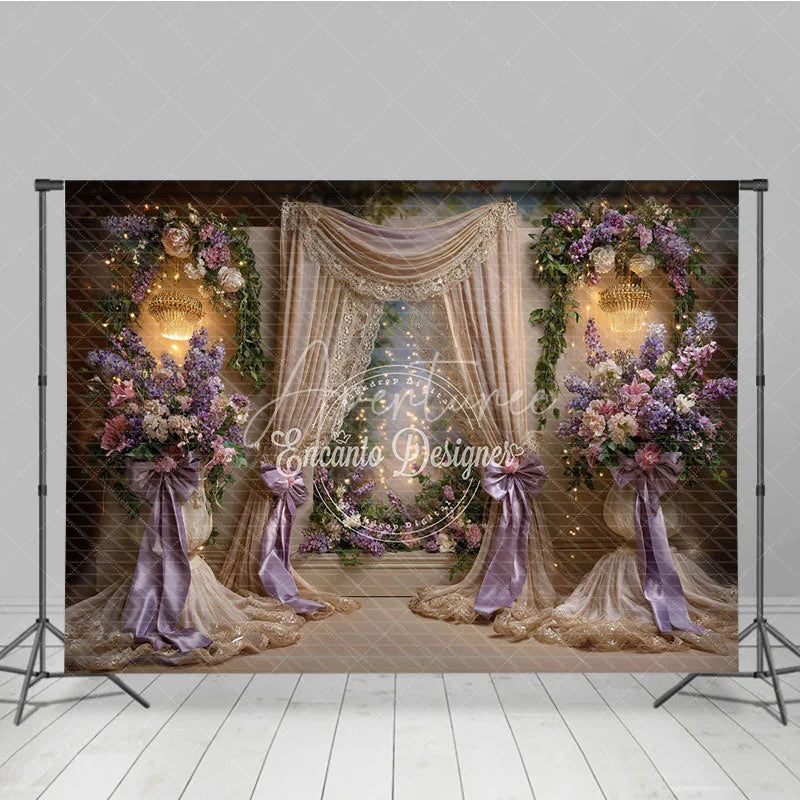 Aperturee - Aperturee Elegant Floral Photography Backdrop with Purple and Pink Flowers Golden Drapes Sparkling Chandeliers for Celebrations