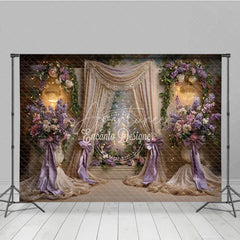 Aperturee - Aperturee Elegant Floral Photography Backdrop with Purple and Pink Flowers Golden Drapes Sparkling Chandeliers for Celebrations