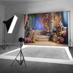 Aperturee - Aperturee Elegant Floral Photography Backdrop with Starry Night Window and Romantic Lanterns for Baby Shower Birthday