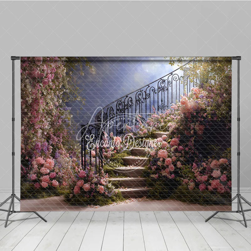 Aperturee - Aperturee Elegant Floral Staircase Photography Backdrop Romantic Pink and Purple Garden Theme for Wedding Photoshoot