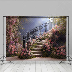 Aperturee - Aperturee Elegant Floral Staircase Photography Backdrop Romantic Pink and Purple Garden Theme for Wedding Photoshoot
