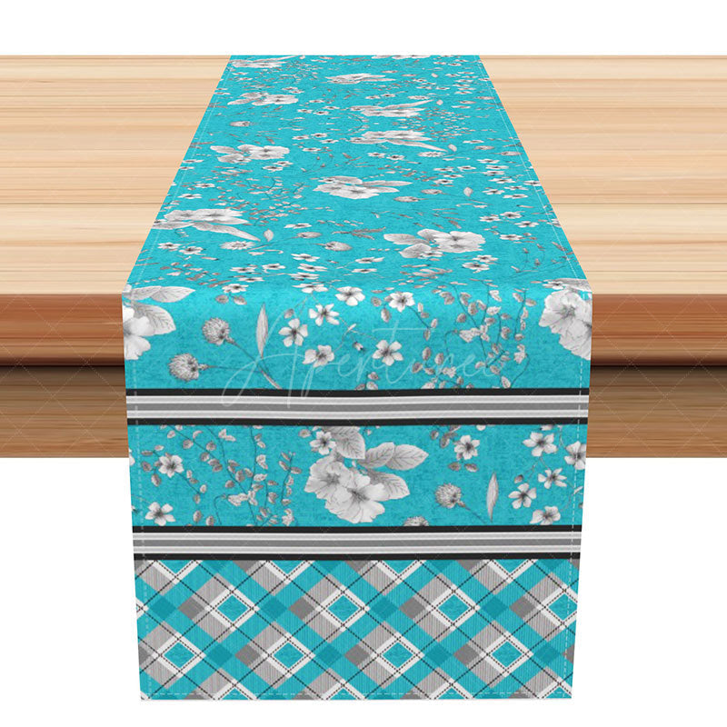 Aperturee - Aperturee Elegant Floral Table Runner in Tiffany Green and Silver for Wedding Bridal Shower and Formal Dining Decor