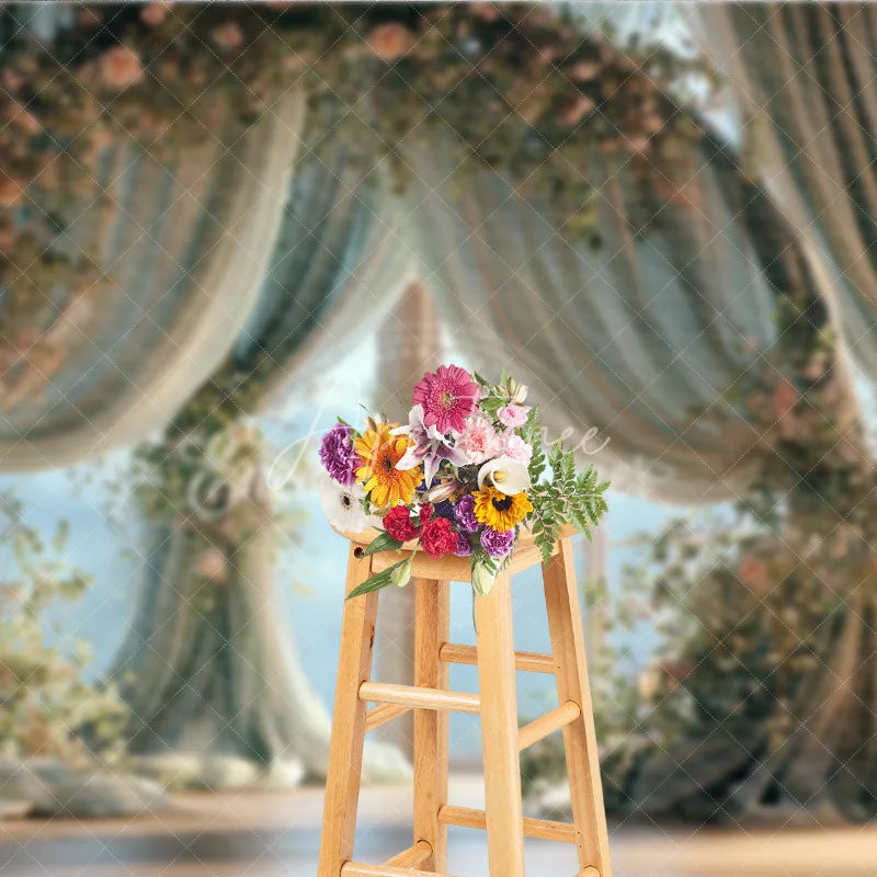 Aperturee - Aperturee Elegant Floral Window Photography Backdrop with Flowing Curtains and Pink Roses Dreamy Portrait Studio Prop