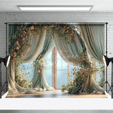 Aperturee - Aperturee Elegant Floral Window Photography Backdrop with Flowing Curtains and Pink Roses Dreamy Portrait Studio Prop
