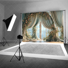 Aperturee - Aperturee Elegant Floral Window Photography Backdrop with Flowing Curtains and Pink Roses Dreamy Portrait Studio Prop