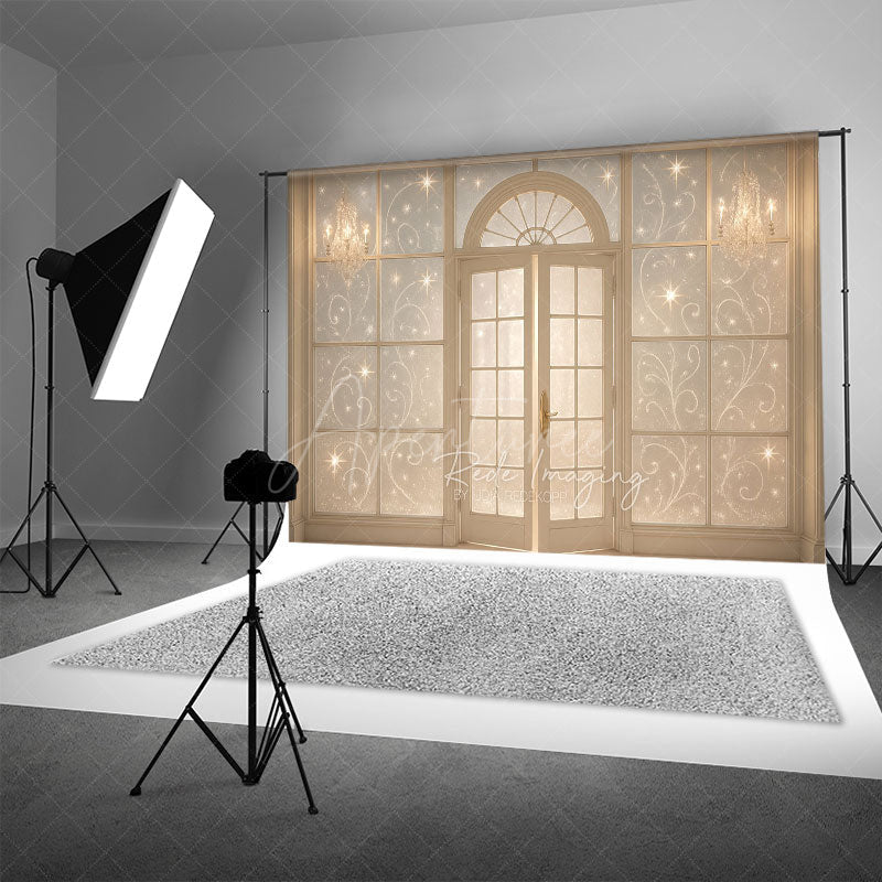 Aperturee - Aperturee Elegant French Doors with Sparkles Photography Backdrop Winter Palace Ballroom Christmas or Wedding Photos