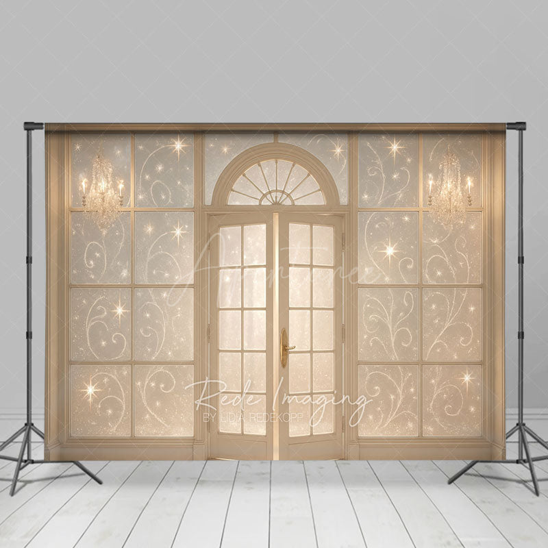 Aperturee - Aperturee Elegant French Doors with Sparkles Photography Backdrop Winter Palace Ballroom Christmas or Wedding Photos