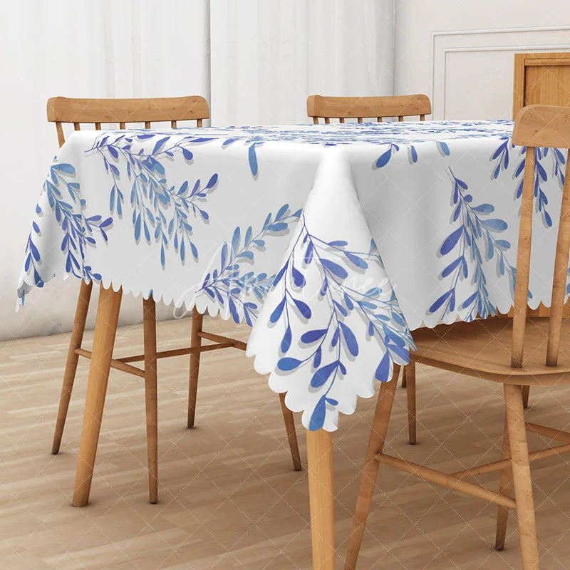 Aperturee - Aperturee Elegant Fresh Rectangle Tablecloth with Hyacinthine Blue Leaves for Serene and Botanical Dining Decor