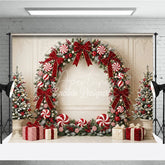 Aperturee - Aperturee Elegant Frosted Pine Holiday Backdrop with Red Velvet Bows Candy Canes and Christmas Trees Festive Celebration Decor