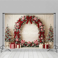Aperturee - Aperturee Elegant Frosted Pine Holiday Backdrop with Red Velvet Bows Candy Canes and Christmas Trees Festive Celebration Decor