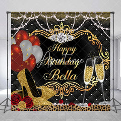 Aperturee - Aperturee Elegant Gold and Black Custom Birthday Backdrop with Champagne and Heels Glamorous Party Decoration