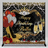 Aperturee - Aperturee Elegant Gold and Black Custom Birthday Backdrop with Champagne and Heels Glamorous Party Decoration
