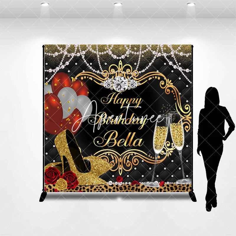 Aperturee - Aperturee Elegant Gold and Black Custom Birthday Backdrop with Champagne and Heels Glamorous Party Decoration