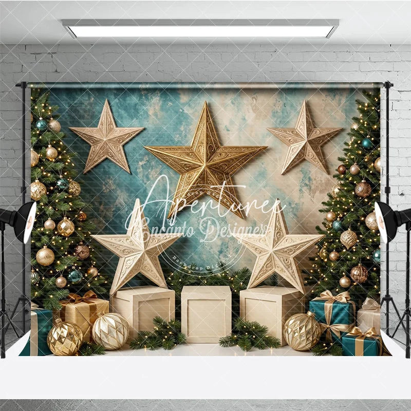 Aperturee - Aperturee Elegant Gold and Teal Christmas Tree Holiday Backdrop with Ornate Stars and Festive Gift Boxes Winter Celebration